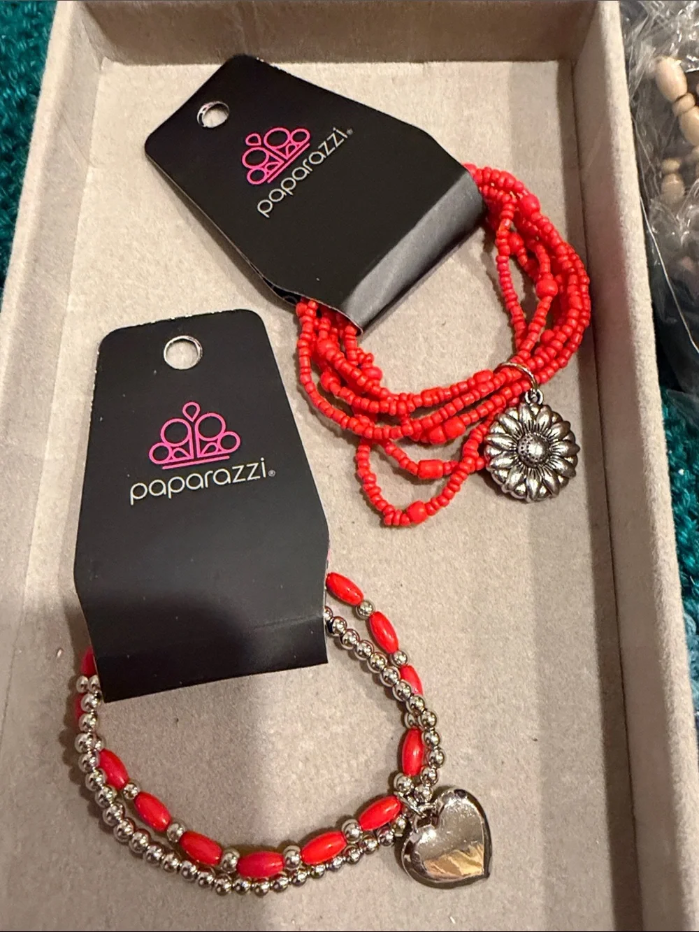 paparazzi Red Bead Multi-Strand & Heart Charm Bracelet Set